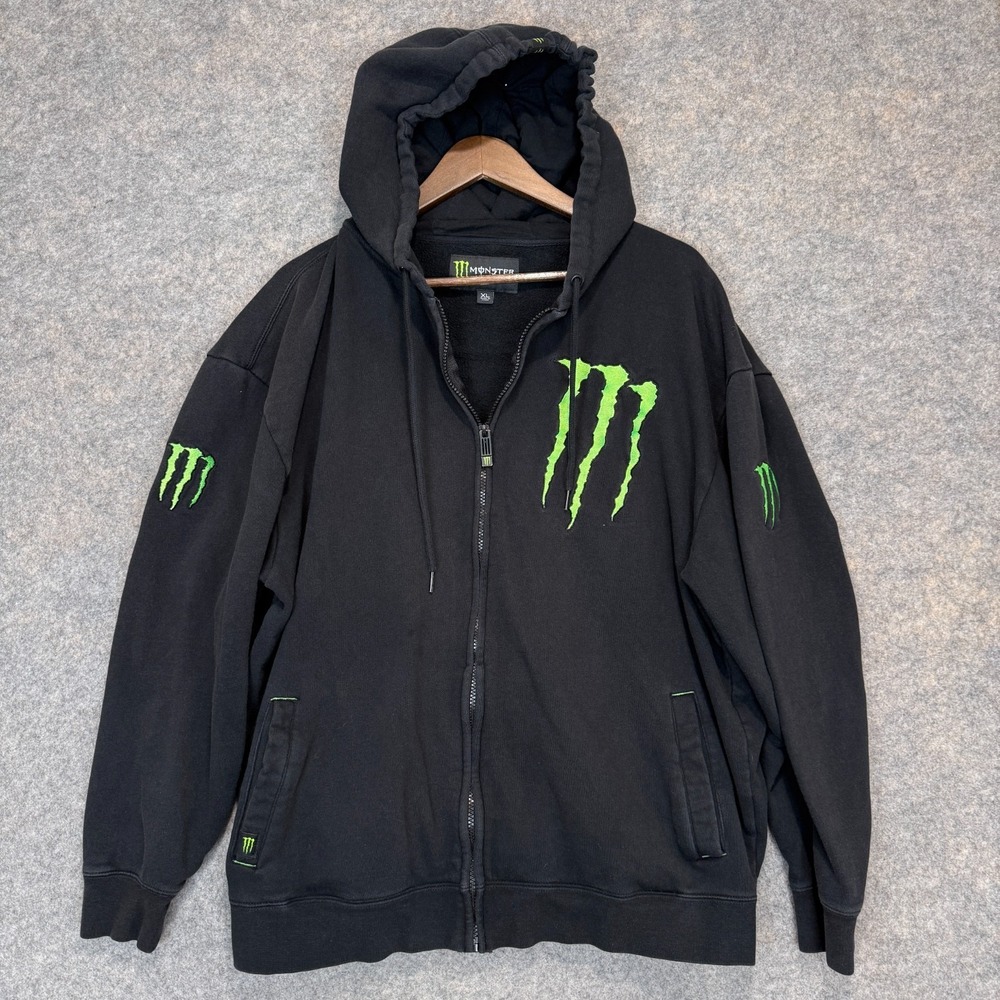 Monster Energy Hoodie Sweatshirt XL Full Zip Embroidered Black Green Hooded